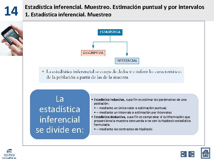 14 Estadística inferencial. Muestreo. Estimación puntual y por intervalos 1. Estadística inferencial. Muestreo La