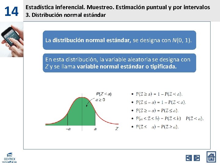 14 Estadística inferencial. Muestreo. Estimación puntual y por intervalos 3. Distribución normal estándar La