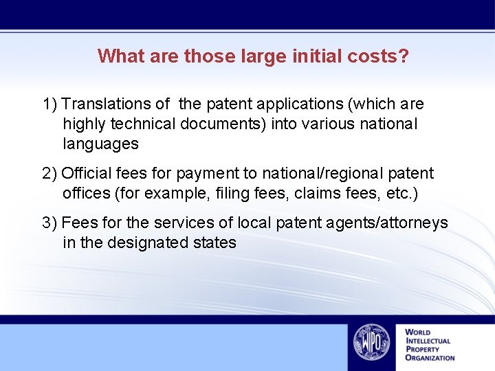 What are those large initial costs? 1) Translations of the patent applications (which are