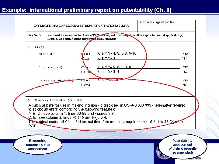 Example: international preliminary report on patentability (Ch. II) Reasoning supporting the assessment Patentability assessment