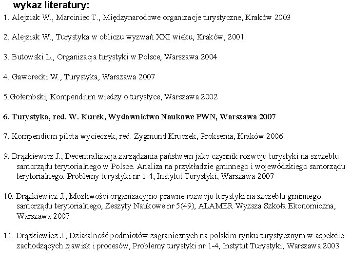 wykaz literatury: 1. Alejziak W. , Marciniec T. , Międzynarodowe organizacje turystyczne, Kraków 2003