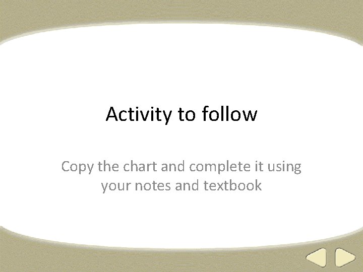 Activity to follow Copy the chart and complete it using your notes and textbook