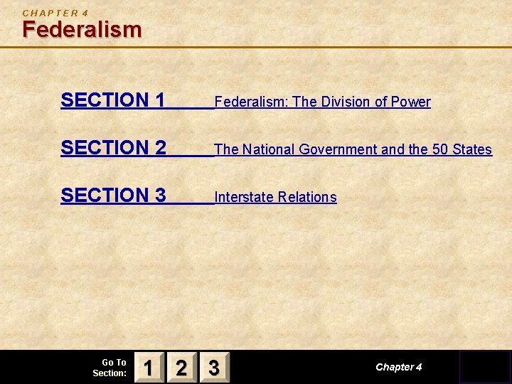 CHAPTER 4 Federalism SECTION 1 Federalism: The Division of Power SECTION 2 The National