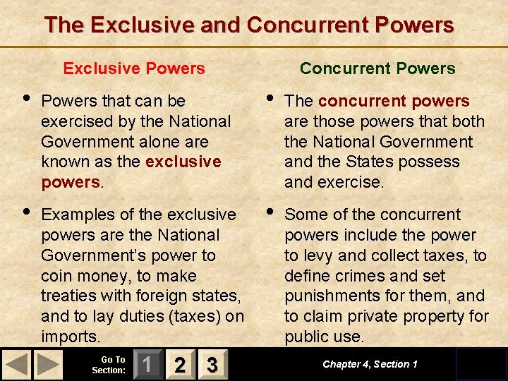 The Exclusive and Concurrent Powers Exclusive Powers Concurrent Powers • Powers that can be