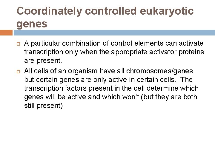 Coordinately controlled eukaryotic genes A particular combination of control elements can activate transcription only