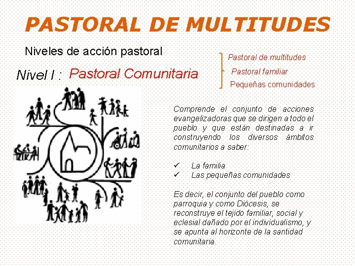 PASTORAL DE MULTITUDES Niveles de acción pastoral Pastoral de multitudes Nivel I : Pastoral