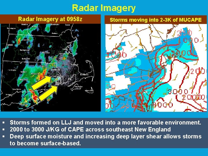 Radar Imagery at 0958 z Storms moving into 2 -3 K of MUCAPE § Radar Imagery at 0958 z Storms moving into 2 -3 K of MUCAPE §