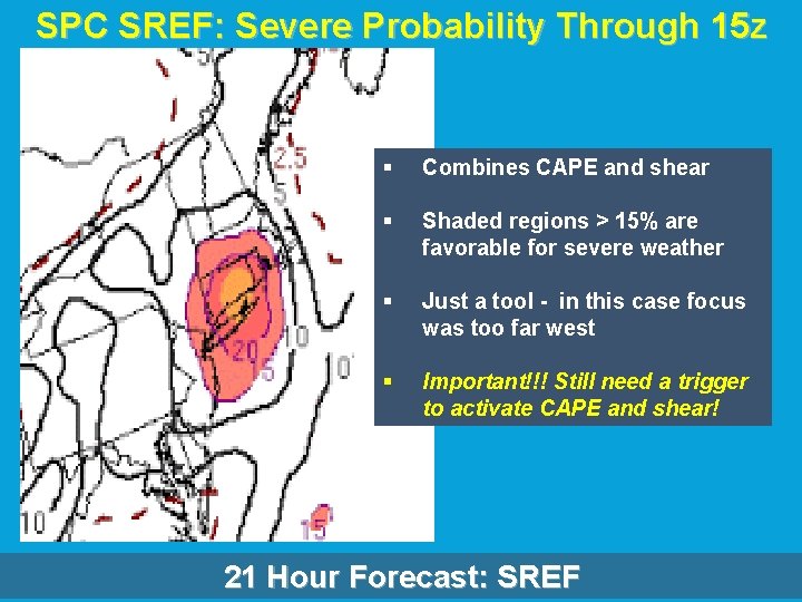 SPC SREF: Severe Probability Through 15 z § Combines CAPE and shear § Shaded SPC SREF: Severe Probability Through 15 z § Combines CAPE and shear § Shaded