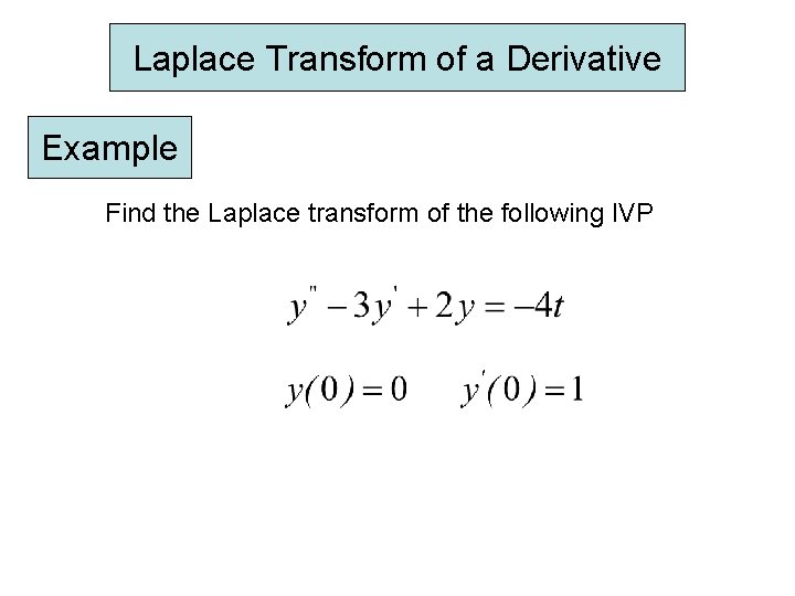 Laplace Transform of a Derivative Example Find the Laplace transform of the following IVP Laplace Transform of a Derivative Example Find the Laplace transform of the following IVP