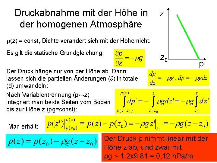 Druckabnahme mit der Höhe in der homogenen Atmosphäre z r(z) = const, Dichte verändert