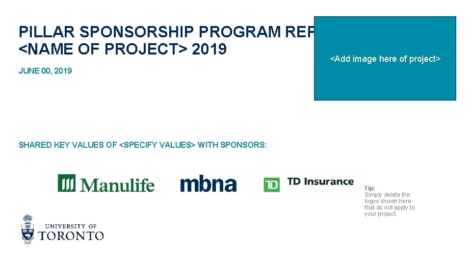 PILLAR SPONSORSHIP PROGRAM REPORT <NAME OF PROJECT> 2019 <Add image here of project> JUNE