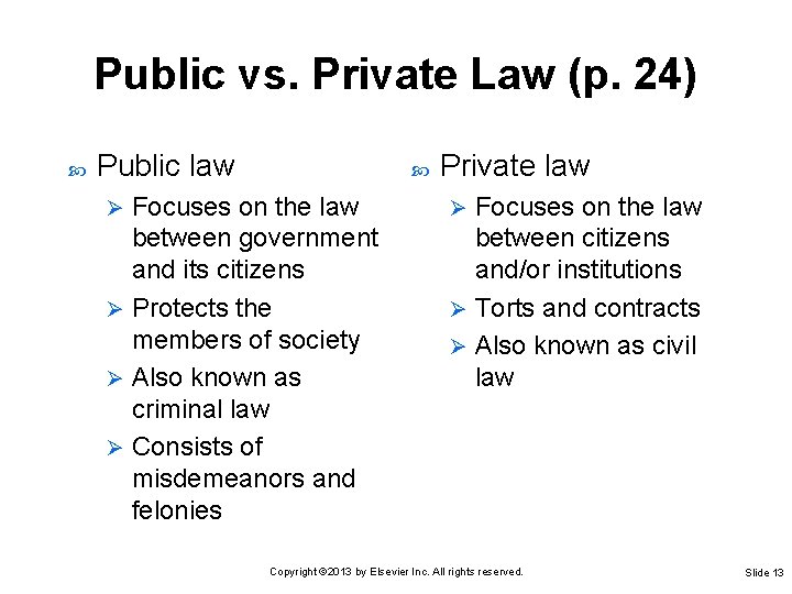 Public vs. Private Law (p. 24) Public law Focuses on the law between government