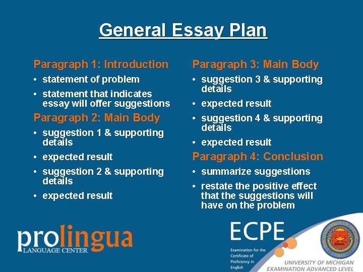 General Essay Plan Paragraph 1: Introduction Paragraph 3: Main Body • statement of problem