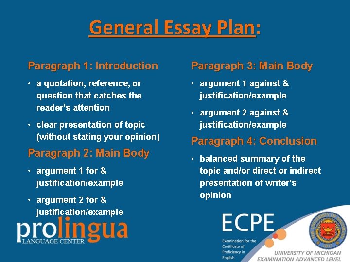 General Essay Plan: Paragraph 1: Introduction Paragraph 3: Main Body • a quotation, reference,