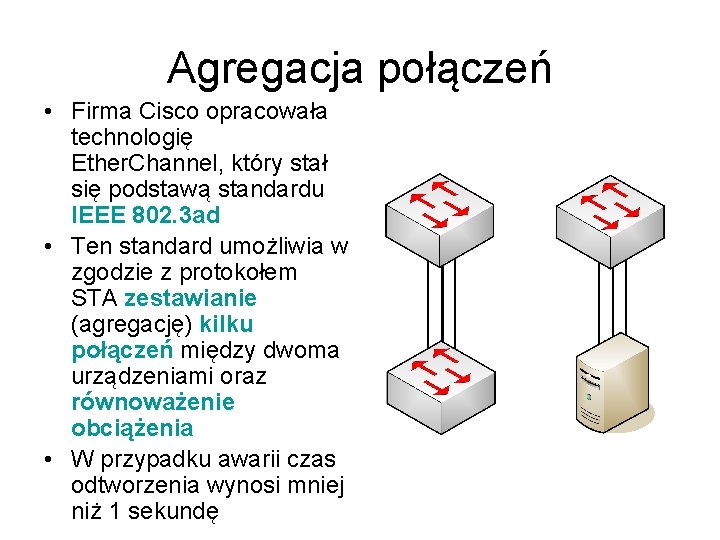 Agregacja połączeń • Firma Cisco opracowała technologię Ether. Channel, który stał się podstawą standardu