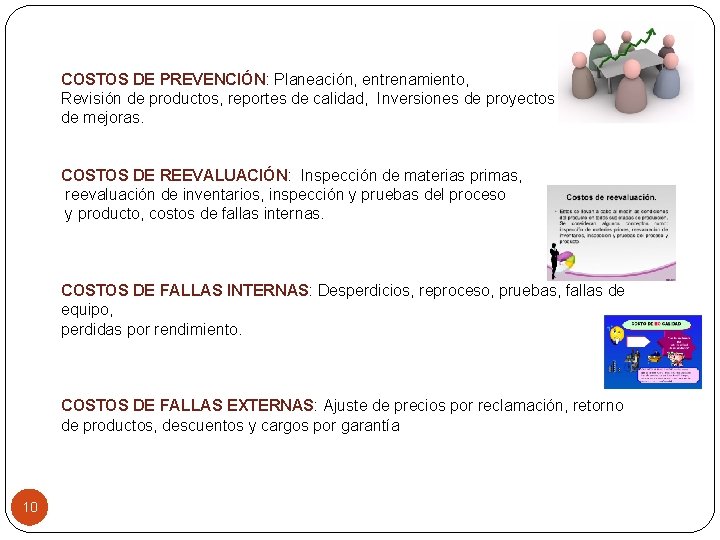 COSTOS DE PREVENCIÓN: Planeación, entrenamiento, Revisión de productos, reportes de calidad, Inversiones de proyectos