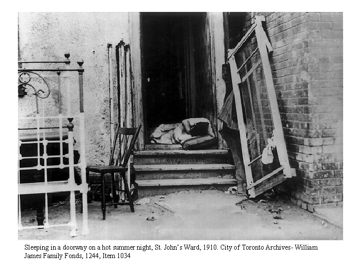 Sleeping in a doorway on a hot summer night, St. John’s Ward, 1910. City