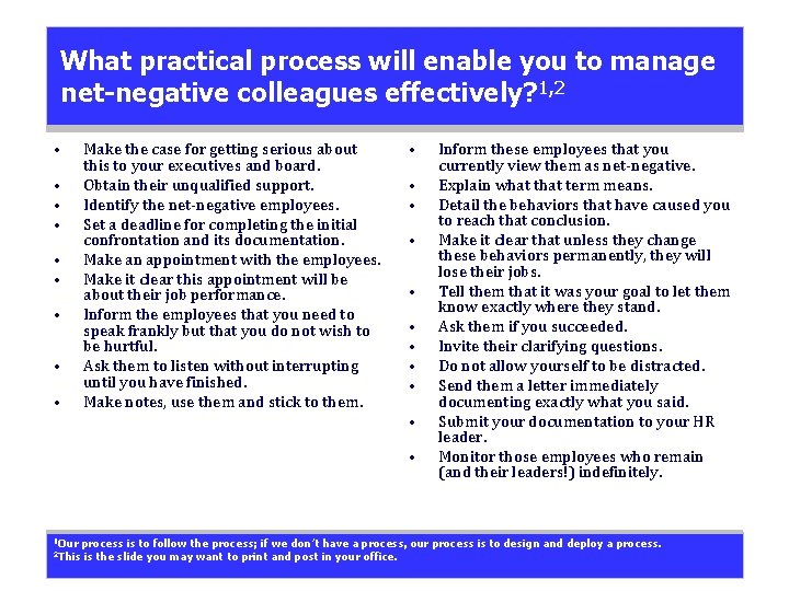 What practical process will enable you to manage net-negative colleagues effectively? 1, 2 •