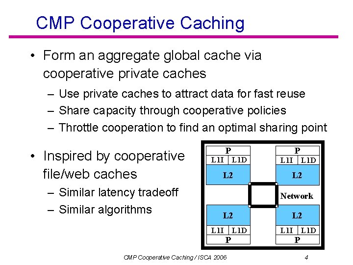CMP Cooperative Caching • Form an aggregate global cache via cooperative private caches –