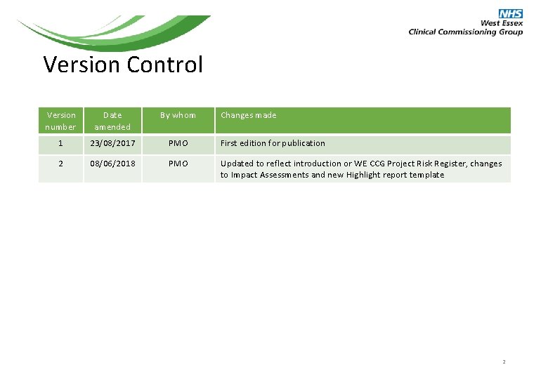 Version Control Version number Date amended By whom Changes made 1 23/08/2017 PMO First Version Control Version number Date amended By whom Changes made 1 23/08/2017 PMO First