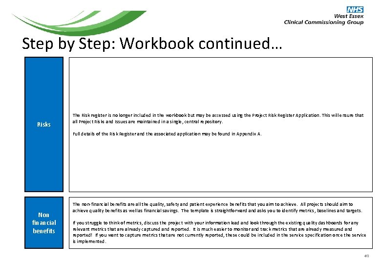 Step by Step: Workbook continued… Risks The Risk register is no longer included in Step by Step: Workbook continued… Risks The Risk register is no longer included in