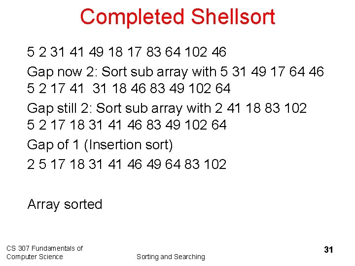 Completed Shellsort 5 2 31 41 49 18 17 83 64 102 46 Gap