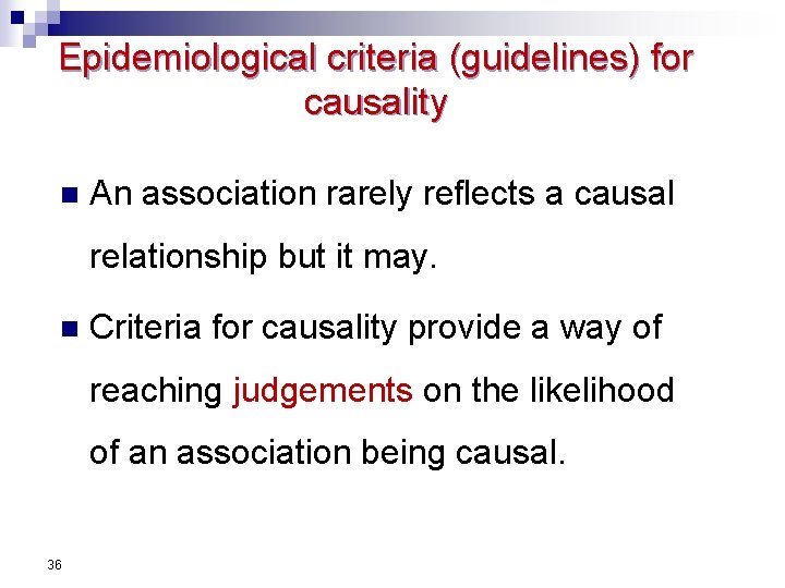 Epidemiological criteria (guidelines) for causality n An association rarely reflects a causal relationship but