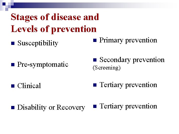 Stages of disease and Levels of prevention Primary prevention Susceptibility n n Pre-symptomatic n