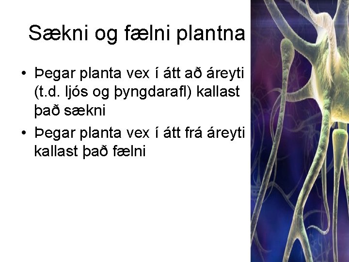 Sækni og fælni plantna • Þegar planta vex í átt að áreyti (t. d.