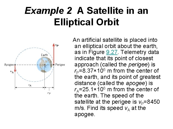 Example 2 A Satellite in an Elliptical Orbit An artificial satellite is placed into