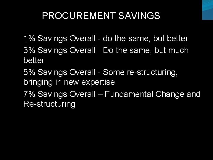 PROCUREMENT SAVINGS 1% Savings Overall - do the same, but better 3% Savings Overall