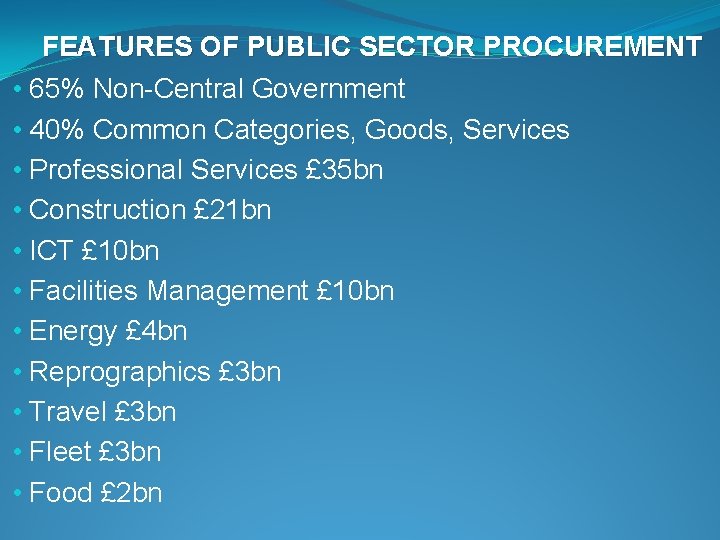 FEATURES OF PUBLIC SECTOR PROCUREMENT • 65% Non-Central Government • 40% Common Categories, Goods,