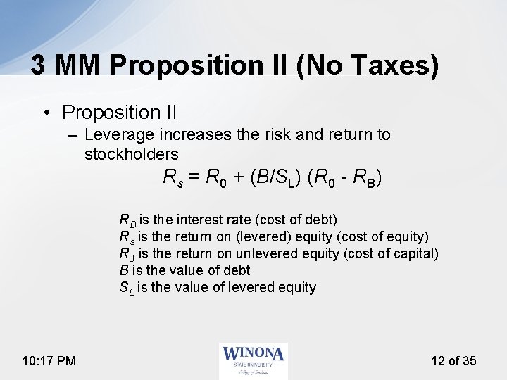 3 MM Proposition II (No Taxes) • Proposition II – Leverage increases the risk