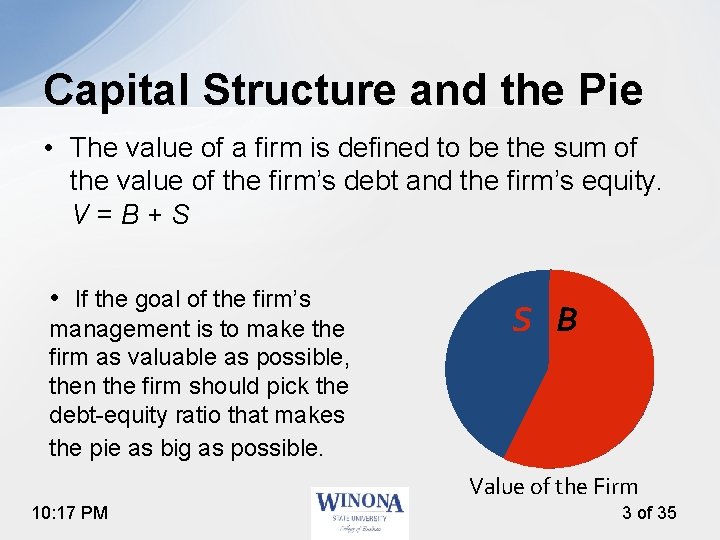 Capital Structure and the Pie • The value of a firm is defined to