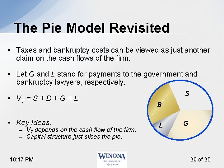 The Pie Model Revisited • Taxes and bankruptcy costs can be viewed as just