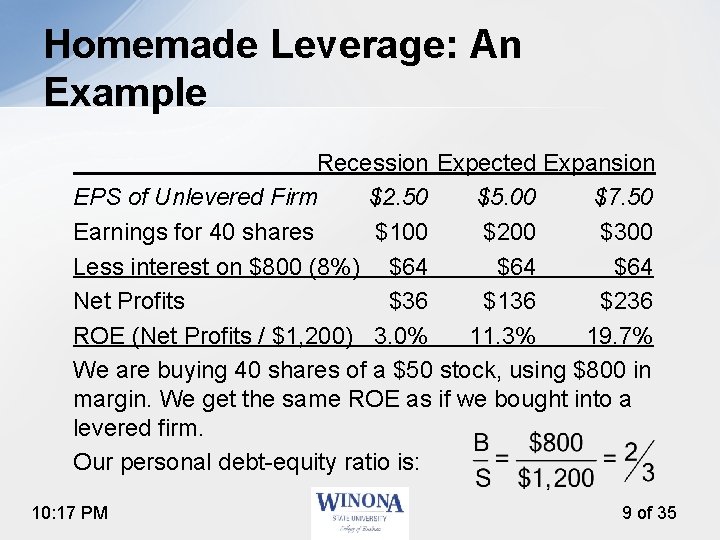 Homemade Leverage: An Example Recession Expected Expansion EPS of Unlevered Firm $2. 50 $5.