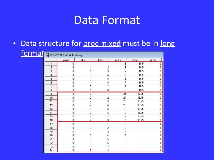 Data Format • Data structure for proc mixed must be in long format. 