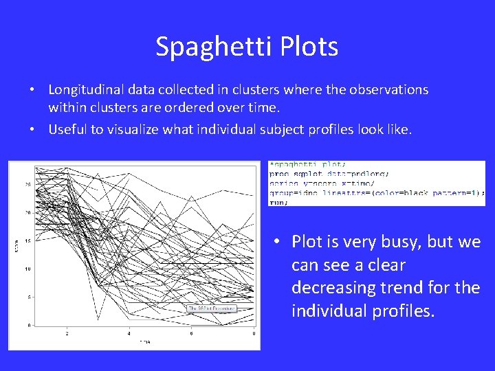 Spaghetti Plots • Longitudinal data collected in clusters where the observations within clusters are