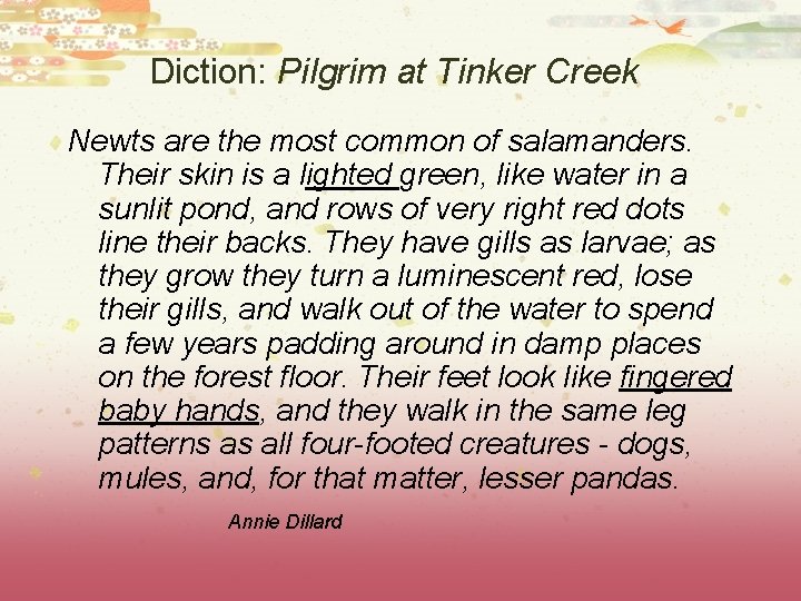 Diction: Pilgrim at Tinker Creek Newts are the most common of salamanders. Their skin