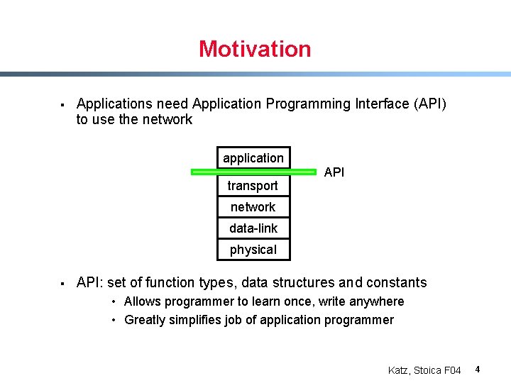 Motivation § Applications need Application Programming Interface (API) to use the network application transport