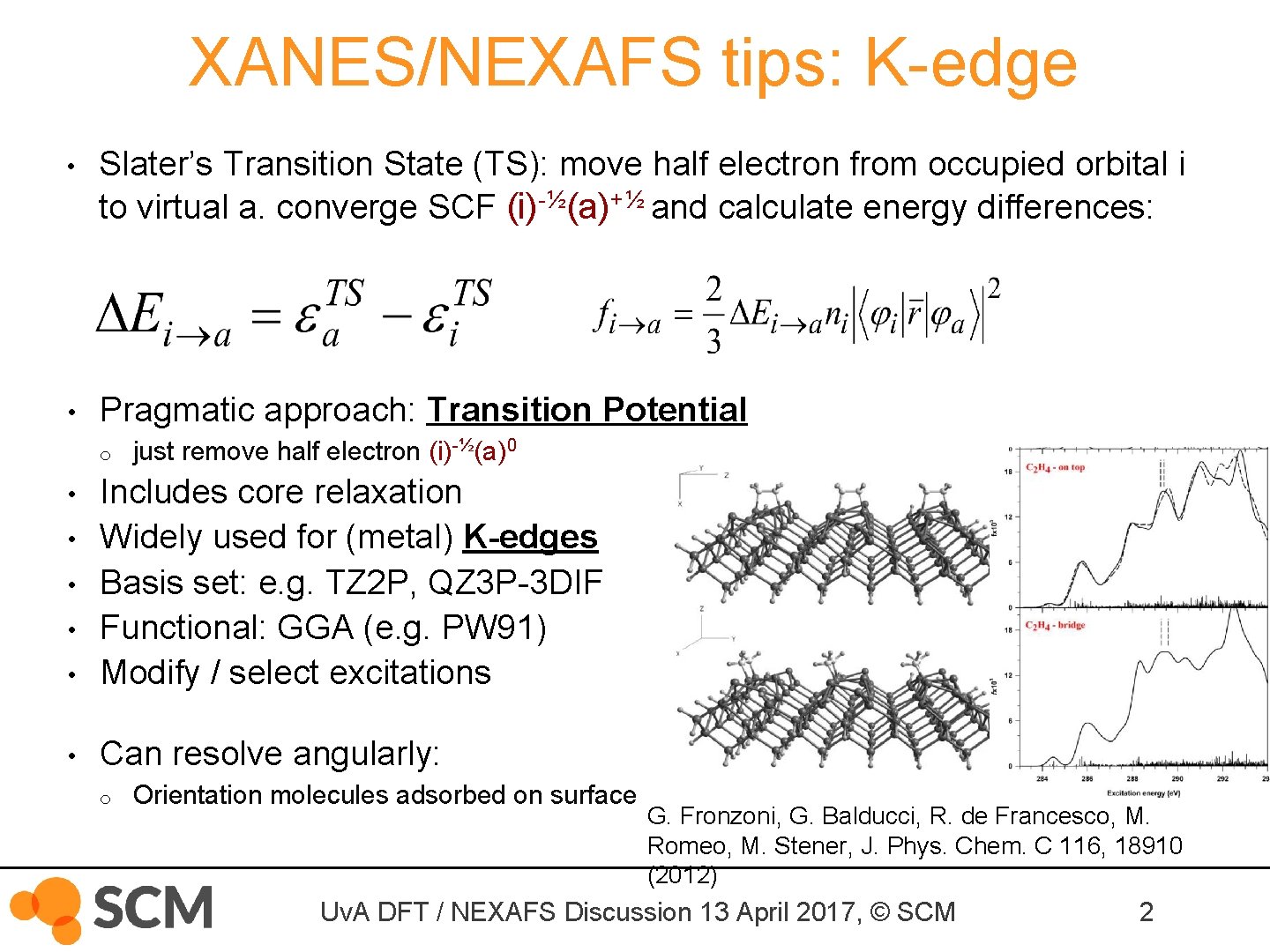 XANES/NEXAFS tips: K-edge • Slater’s Transition State (TS): move half electron from occupied orbital
