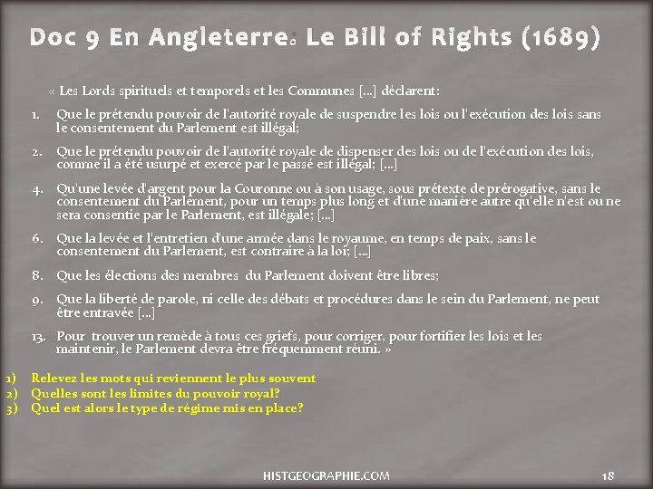 Doc 9 En Angleterre: Le Bill of Rights (1689) « Les Lords spirituels et