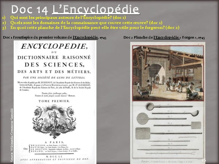 Doc 14 L’Encyclopédie 1) Qui sont les principaux auteurs de l’Encyclopédie? (doc 1) 2)
