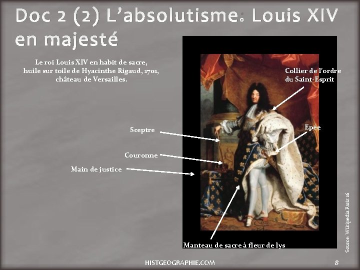 Doc 2 (2) L’absolutisme: Louis XIV en majesté Le roi Louis XIV en habit
