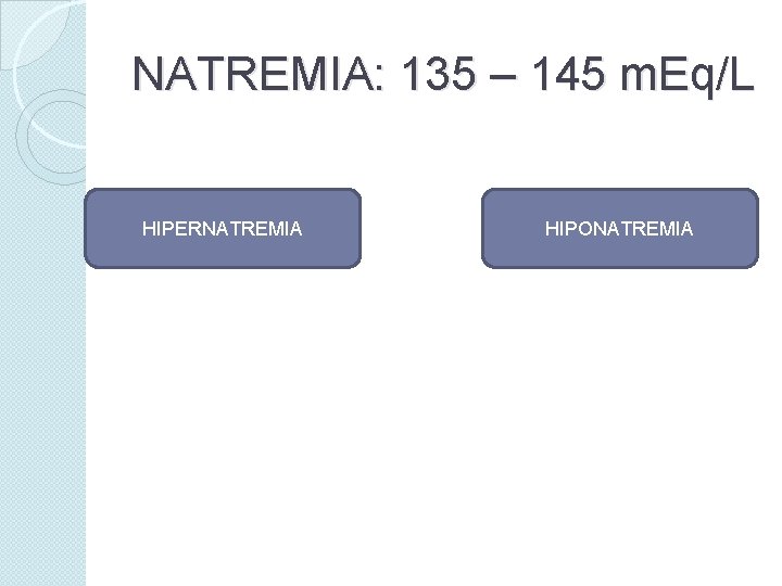 NATREMIA: 135 – 145 m. Eq/L HIPERNATREMIA HIPONATREMIA 