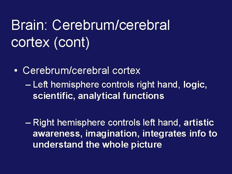 Brain: Cerebrum/cerebral cortex (cont) • Cerebrum/cerebral cortex – Left hemisphere controls right hand, logic,