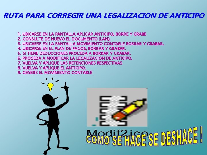 RUTA PARA CORREGIR UNA LEGALIZACION DE ANTICIPO 1. 2. 3. 4. 5. 6. 7.