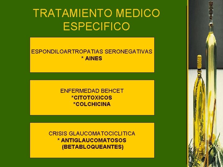 TRATAMIENTO MEDICO ESPECIFICO ESPONDILOARTROPATIAS SERONEGATIVAS * AINES ENFERMEDAD BEHCET *CITOTOXICOS *COLCHICINA CRISIS GLAUCOMATOCICLITICA *