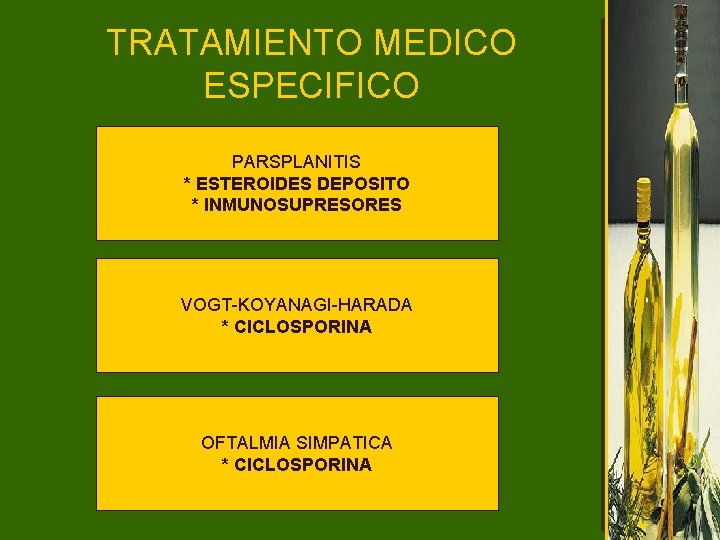 TRATAMIENTO MEDICO ESPECIFICO PARSPLANITIS * ESTEROIDES DEPOSITO * INMUNOSUPRESORES VOGT-KOYANAGI-HARADA * CICLOSPORINA OFTALMIA SIMPATICA