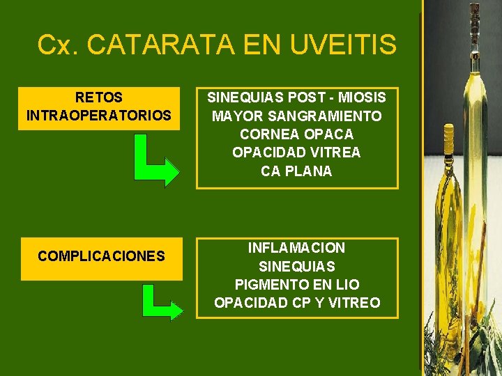 Cx. CATARATA EN UVEITIS RETOS INTRAOPERATORIOS COMPLICACIONES SINEQUIAS POST - MIOSIS MAYOR SANGRAMIENTO CORNEA